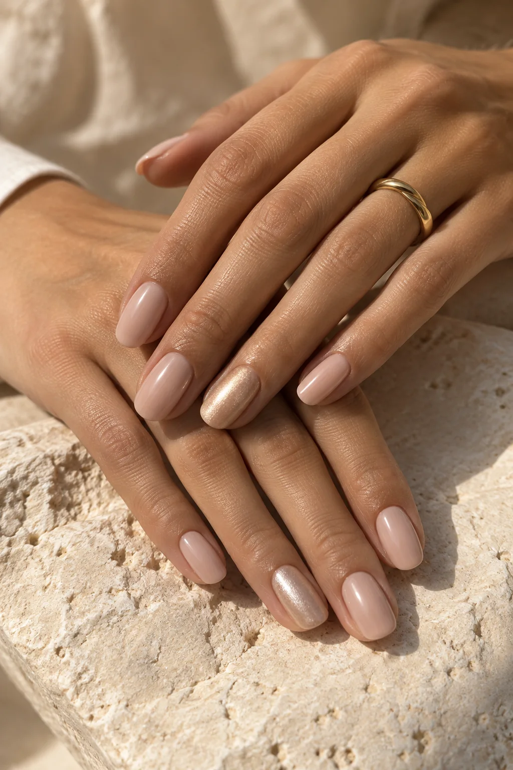 Manicura nude de acabado brillante con detalles elegantes